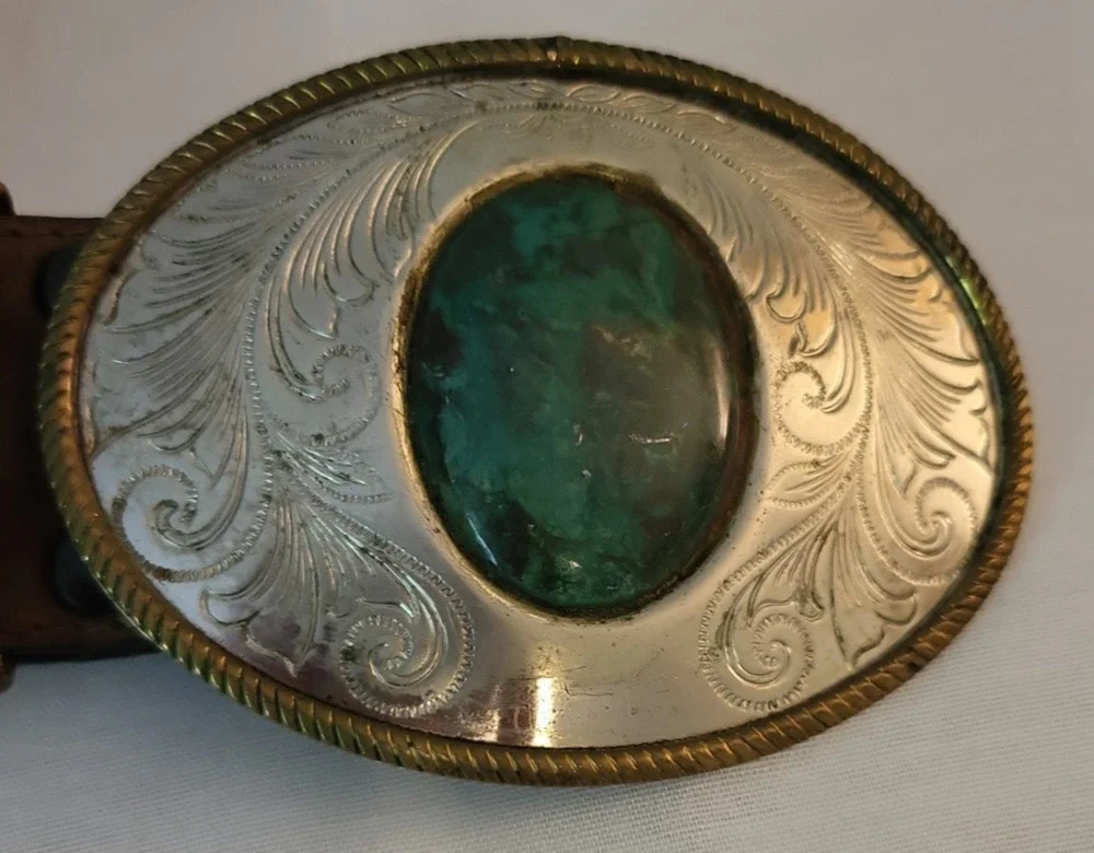 VTG Jade & Nickel Silver Belt Buckle Floral Western Cowgirl Cowboy 2.75 x 3.7